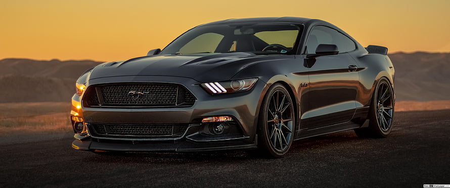 Black Ford Mustang GT Coupe Parked on Desert Road at Sunset HD wallpaper