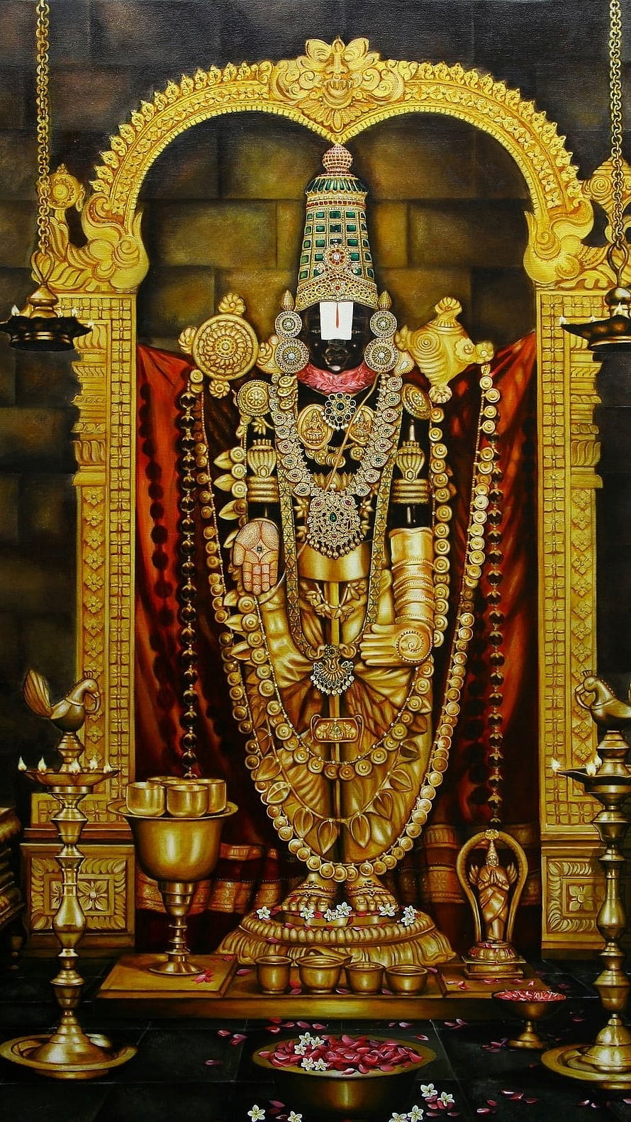 Tirupati Balaji Temple Deity in Ornate Gold Adornment and Sacred Setting HD phone wallpaper