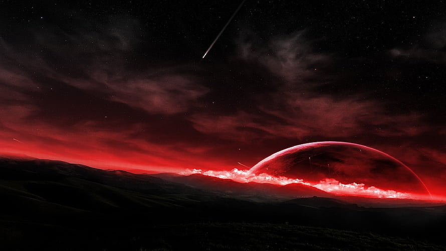 Dramatic Red Planet Rising Over Dark Mountainous Landscape with Meteor Trail HD wallpaper