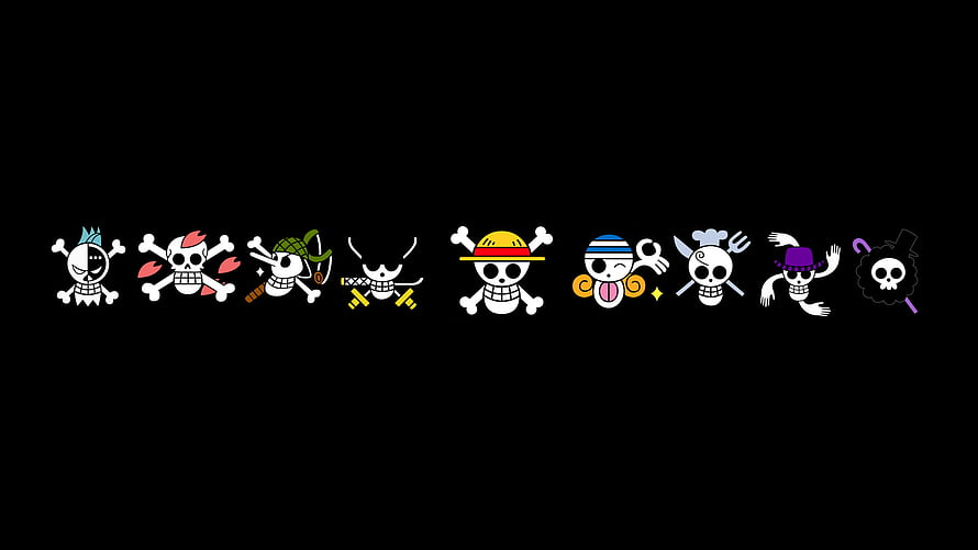 One Piece Pirate Crew Jolly Roger Skull Emblems Collection on Black Background HD wallpaper