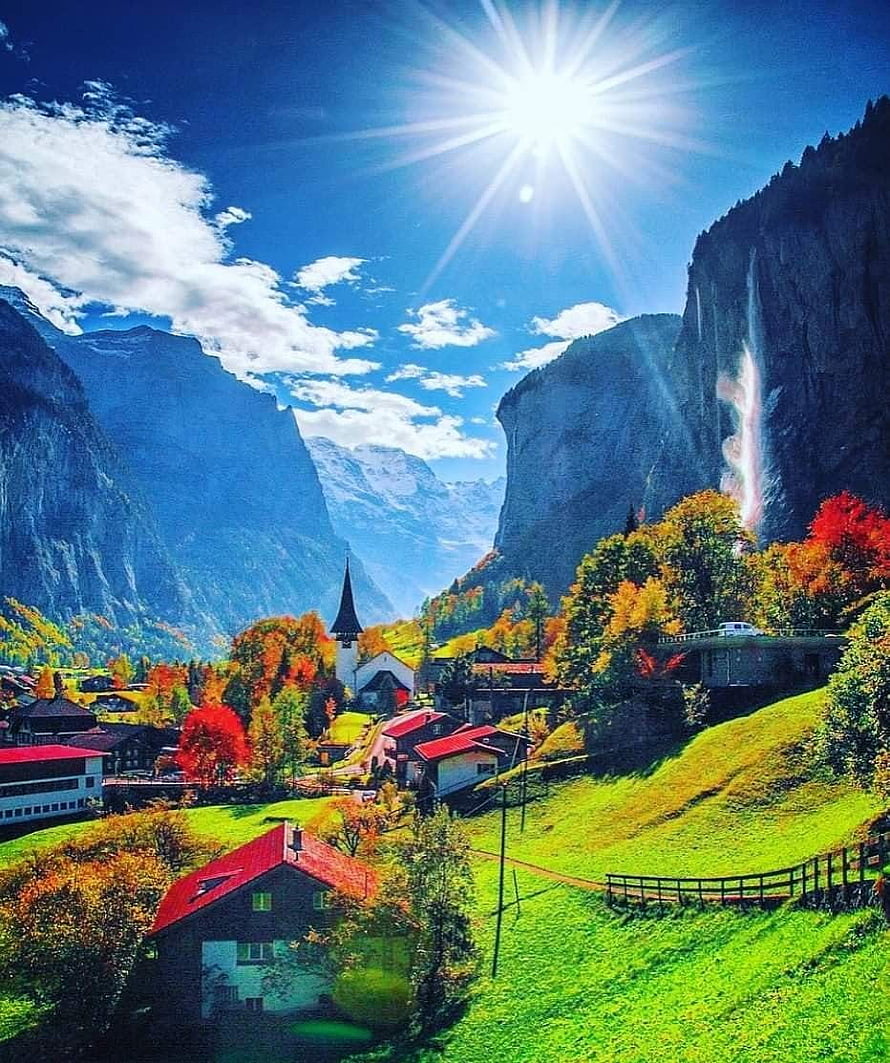 Alpine Village in Switzerland with Waterfall and Autumn Foliage HD phone wallpaper