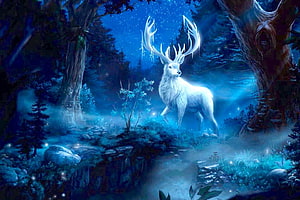 Luminous White Stag in a Mystical Blue Forest at Night HD wallpaper