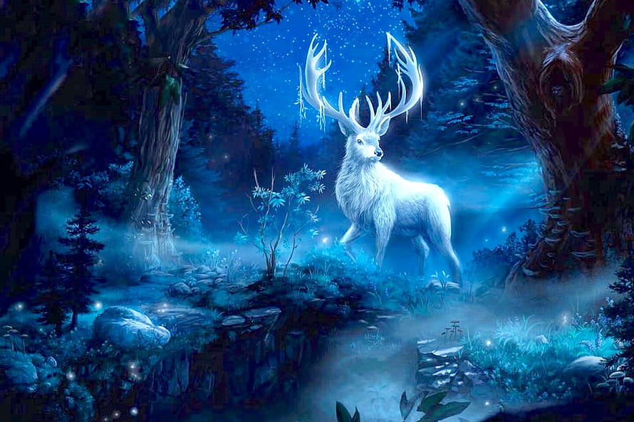 Luminous White Stag in a Mystical Blue Forest at Night HD wallpaper