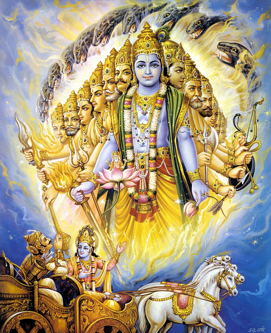 Lord Krishna and Arjuna in the Divine Chariot with Multiple Faces and Serpents HD phone wallpaper