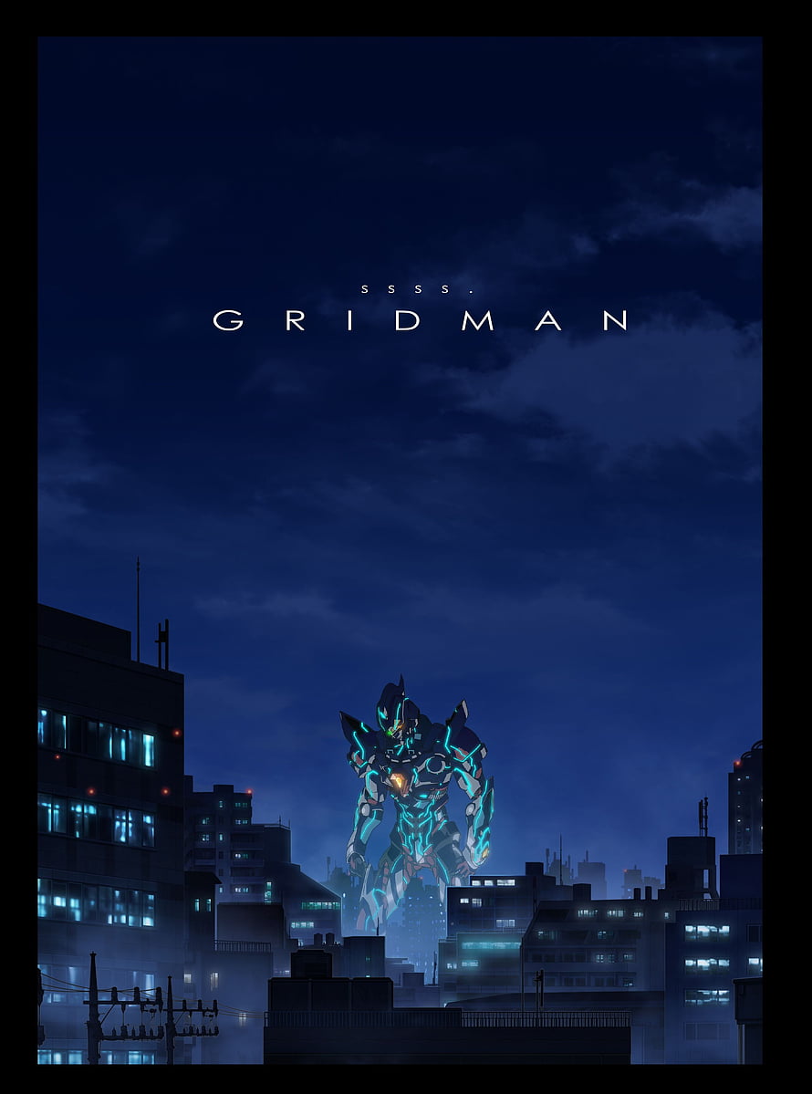 SSSS.Gridman Anime Poster Featuring Giant Mecha Robot Standing Over Nighttime City Skyline HD phone wallpaper