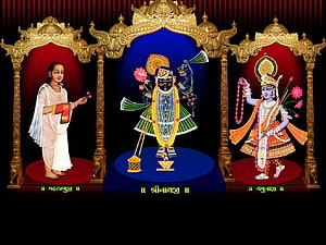 Shrinathji, Mahaprabhuji, and Yamunaji in ornate golden temple arches HD wallpaper