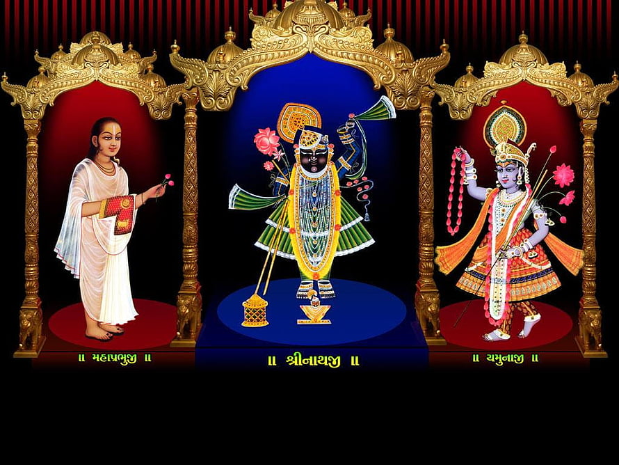 Shrinathji, Mahaprabhuji, and Yamunaji in ornate golden temple arches HD wallpaper