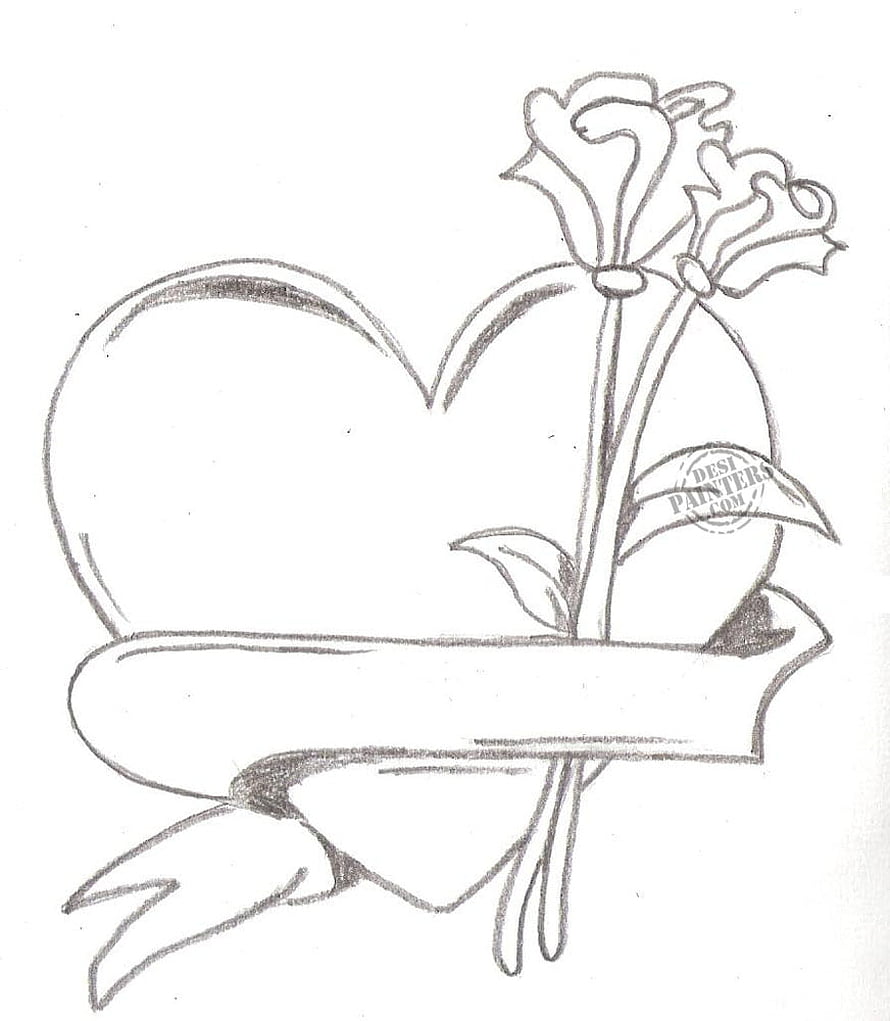 Traditional Tattoo Flash Pencil Sketch of Heart and Roses with Banner HD phone wallpaper