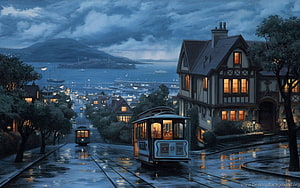 Moody Digital Painting of Vintage Cable Cars on a Rainy Coastal City Street at Dusk HD wallpaper