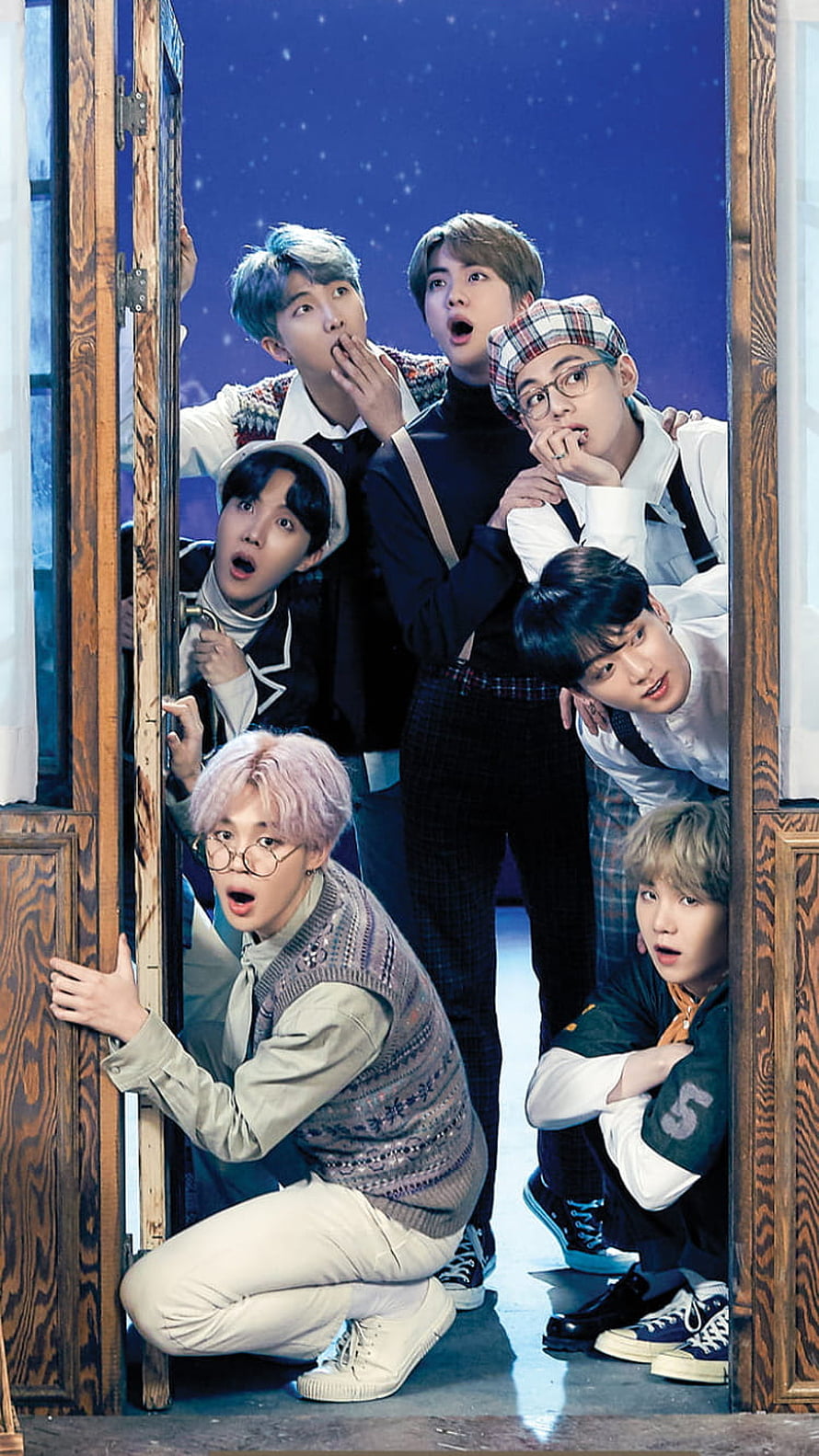 BTS Members Peeking Through Wooden Door With Surprised Expressions HD phone wallpaper
