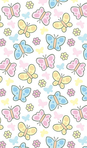 Cute Pastel Butterfly and Flower Pattern Illustration Wallpaper HD phone wallpaper