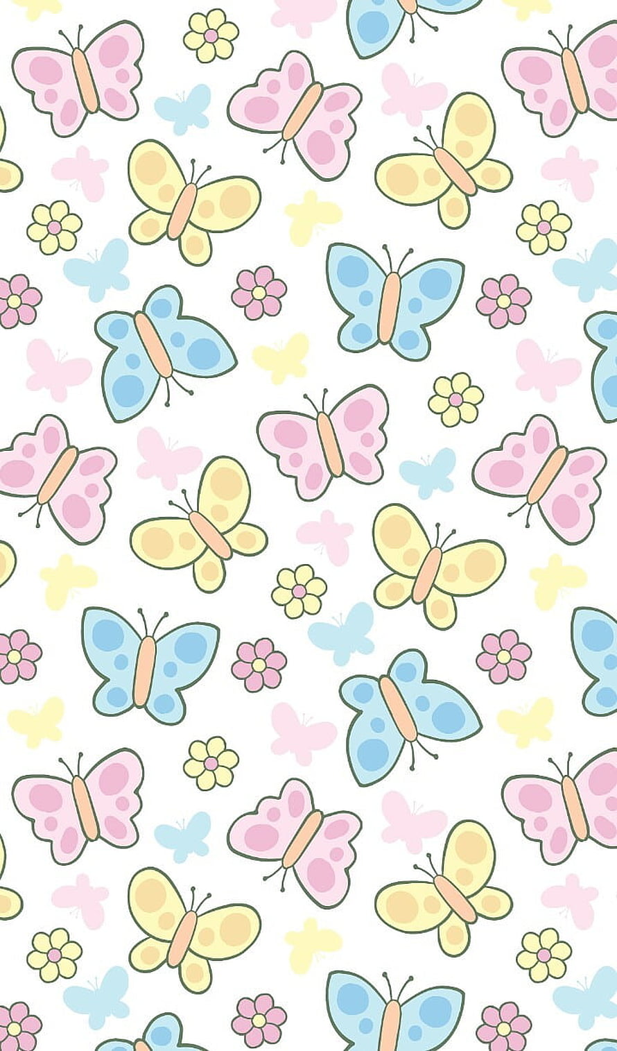 Cute Pastel Butterfly and Flower Pattern Illustration Wallpaper HD phone wallpaper