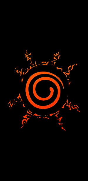 Naruto Kurama Sealing Jutsu Spiral Symbol with Flame Accents on Black Background HD phone wallpaper