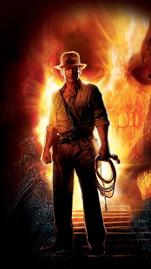 Indiana Jones Standing in Fiery Temple with Whip and Fedora HD phone wallpaper