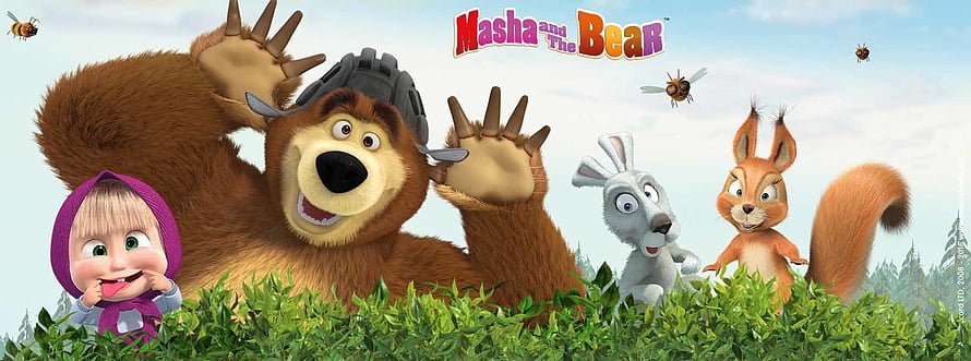 Masha and the Bear Animated Characters in a Sunny Forest Clearing HD wallpaper