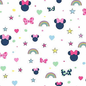 Cute Minnie Mouse Silhouette Pattern with Rainbows, Stars, and Hearts on White Background HD phone wallpaper