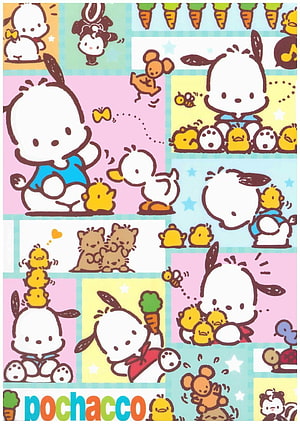Pochacco Sanrio Character Pattern with Chicks and Pastel Comic Panels HD phone wallpaper