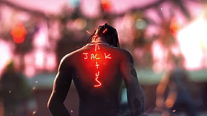 Travis Scott Back View With Glowing Jack Plus Tattoo in Neon Red Light HD wallpaper