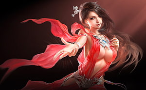 Elegant Fantasy Woman in Flowing Red Silk with Silver Ornament, Beautiful Greetings, digital, fantasy, art, pretty, , girl, woman HD wallpaper