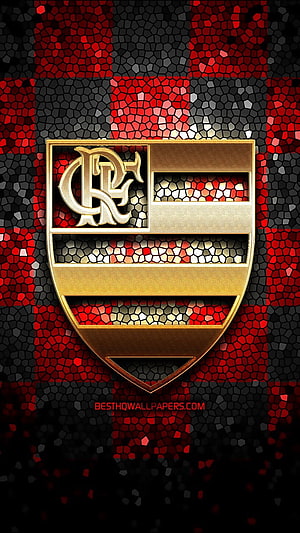 Flamengo Gold Crest Emblem on Red and Black Mosaic Shield Background HD phone wallpaper