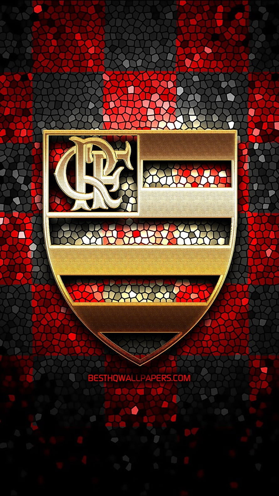 Flamengo Gold Crest Emblem on Red and Black Mosaic Shield Background HD phone wallpaper