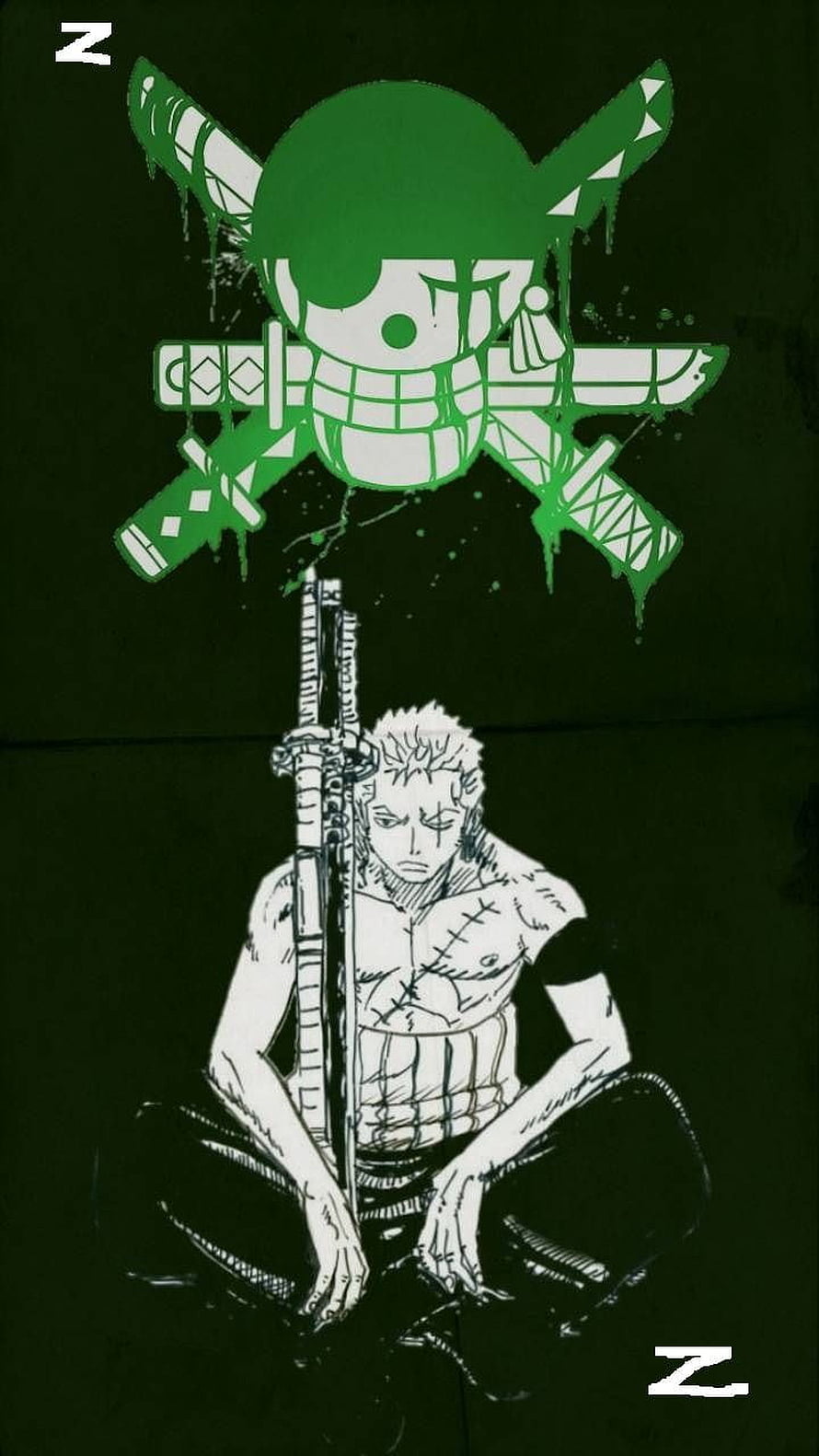 Roronoa Zoro One Piece Anime Illustration with Swords and Jolly Roger HD phone wallpaper