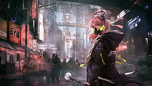 Pink-Haired Anime Girl in Cyberpunk Rain with Gas Mask and Staff HD wallpaper