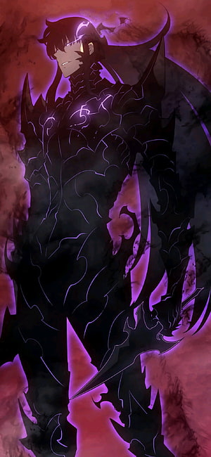 Sung Jin Woo in Dark Armor with Purple Aura from Solo Leveling Manhwa HD phone wallpaper