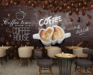 Coffee House Cafe Wall Mural With Heart-Shaped Latte Art And Falling Coffee Beans HD wallpaper