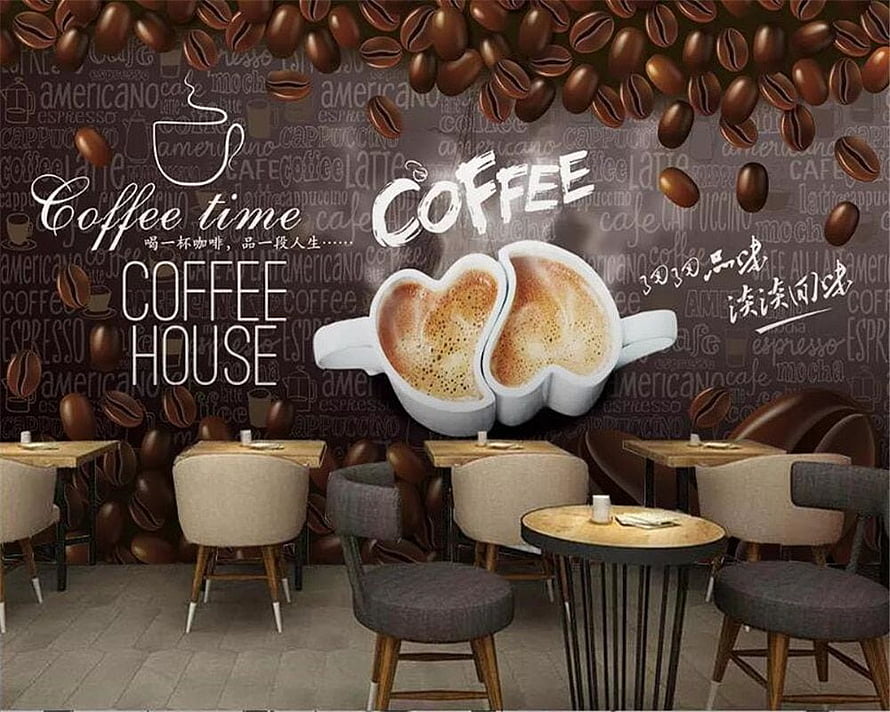 Coffee House Cafe Wall Mural With Heart-Shaped Latte Art And Falling Coffee Beans HD wallpaper