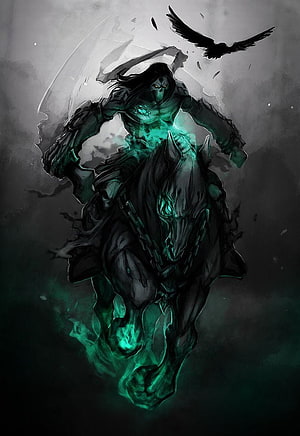 Darksiders Death Character Riding a Dark Horse with Green Ethereal Glow HD phone wallpaper