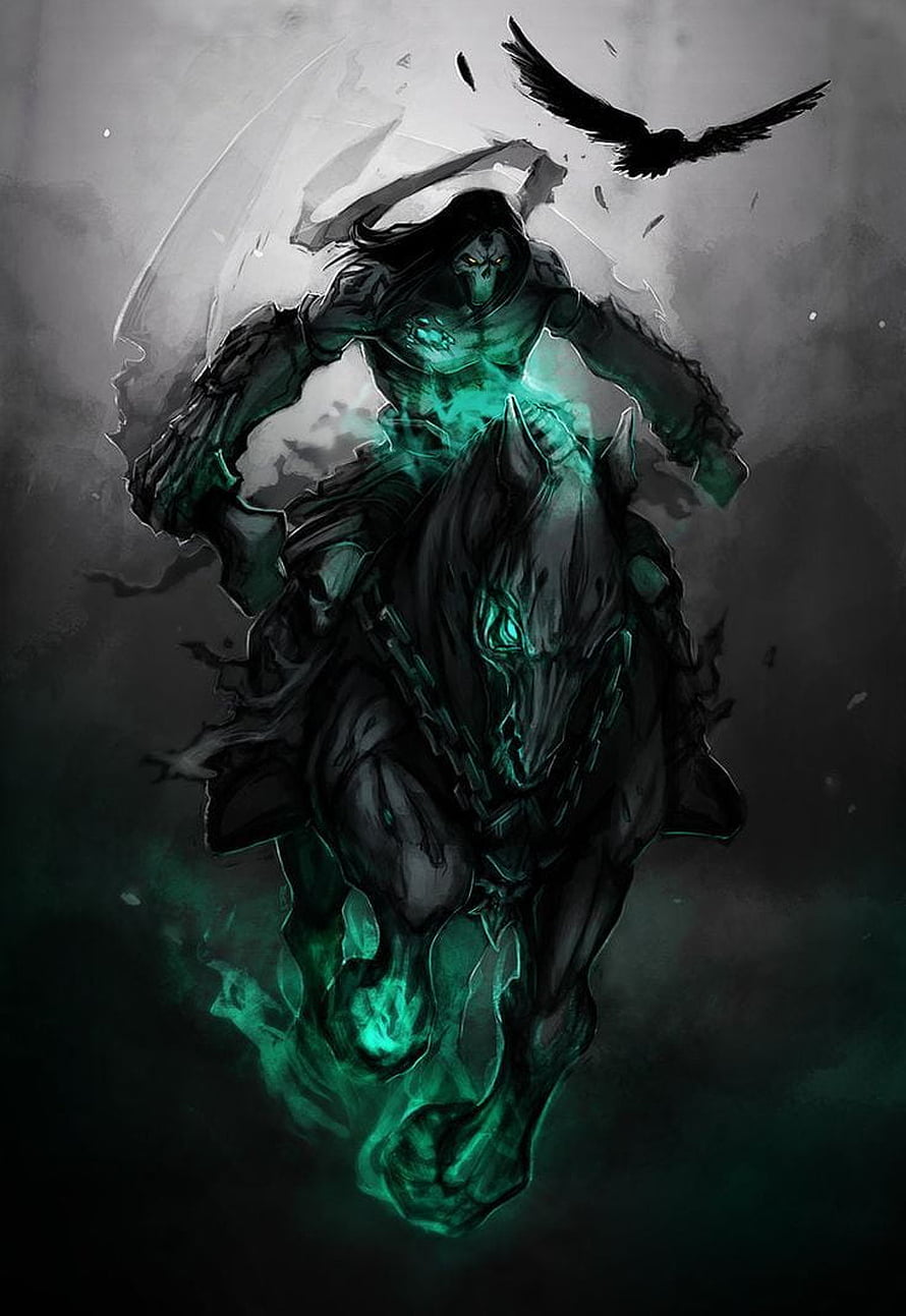 Darksiders Death Character Riding a Dark Horse with Green Ethereal Glow HD phone wallpaper