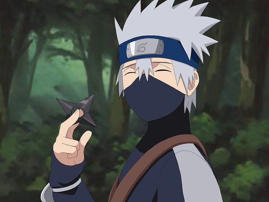 Kakashi Hatake Holding Shuriken in Forest Setting HD wallpaper