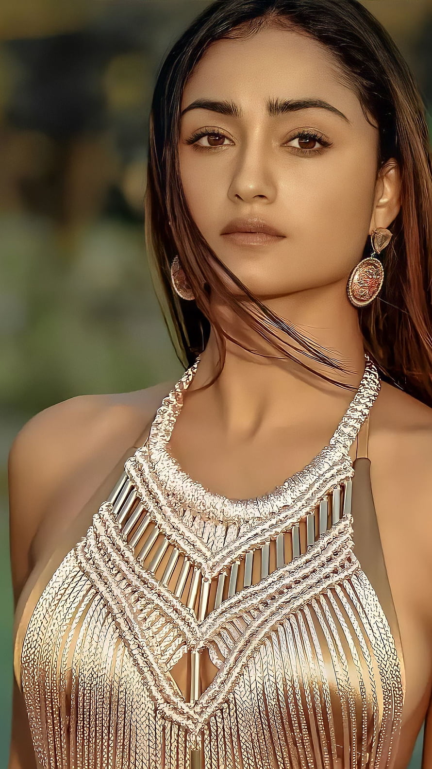Tridha Choudary Portrait in Gold Beaded Halter Top with Statement Earrings HD phone wallpaper