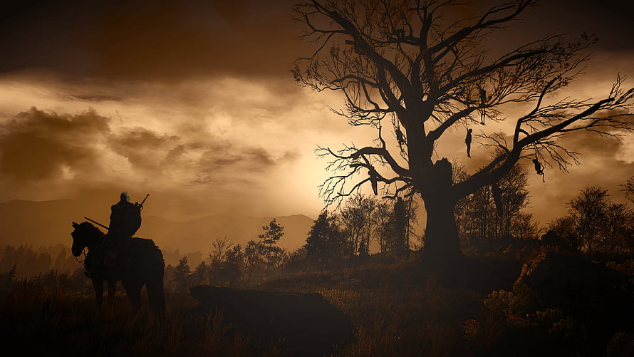 The Witcher 3 Wild Hunt Rider Silhouette at Dusk with Hanging Figures in a Dead Tree HD wallpaper