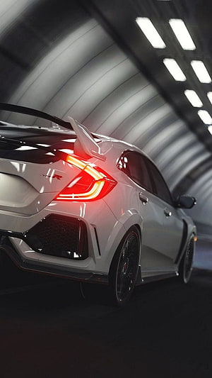 White Honda Civic Type R Rear View in Tunnel with Glowing Taillights and Sporty Spoiler HD phone wallpaper