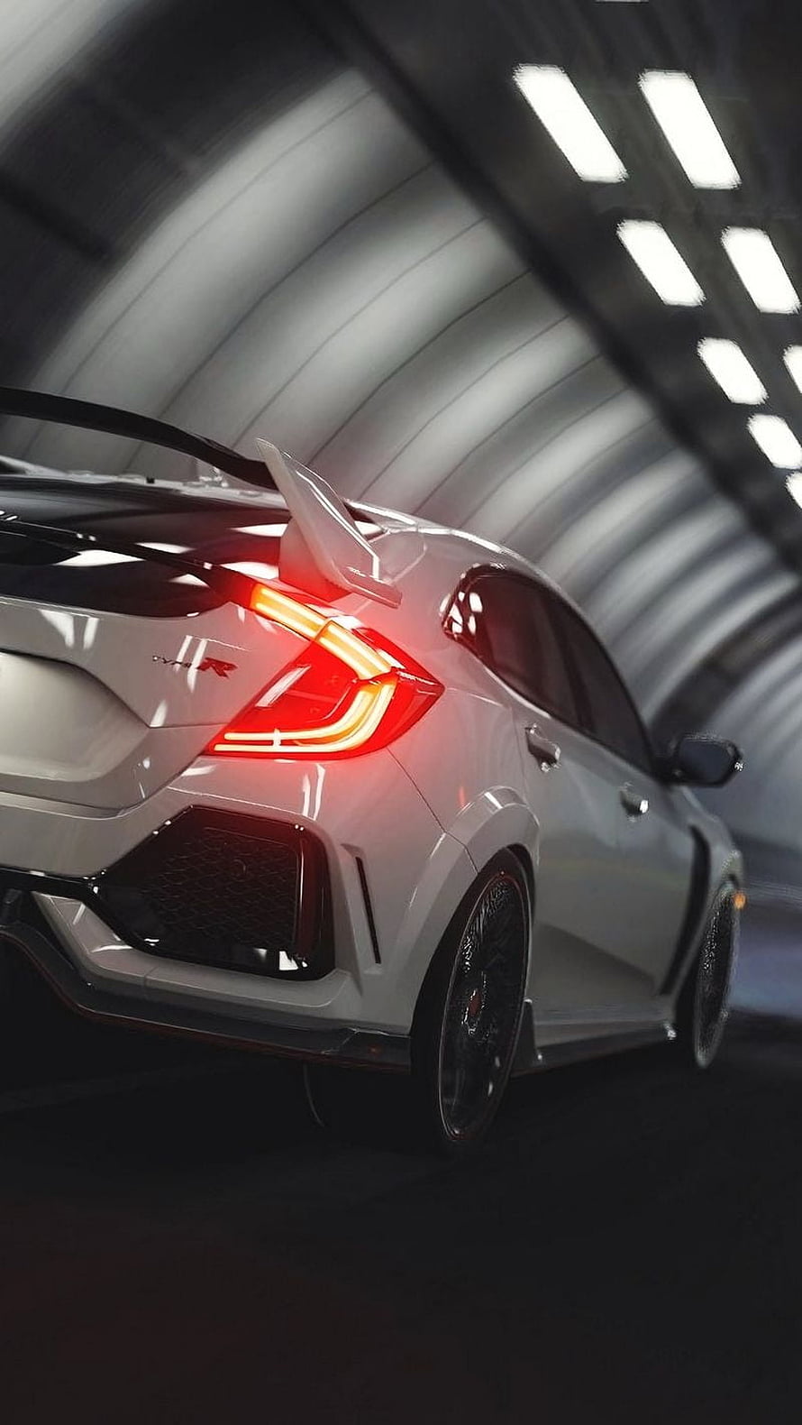 White Honda Civic Type R Rear View in Tunnel with Glowing Taillights and Sporty Spoiler HD phone wallpaper