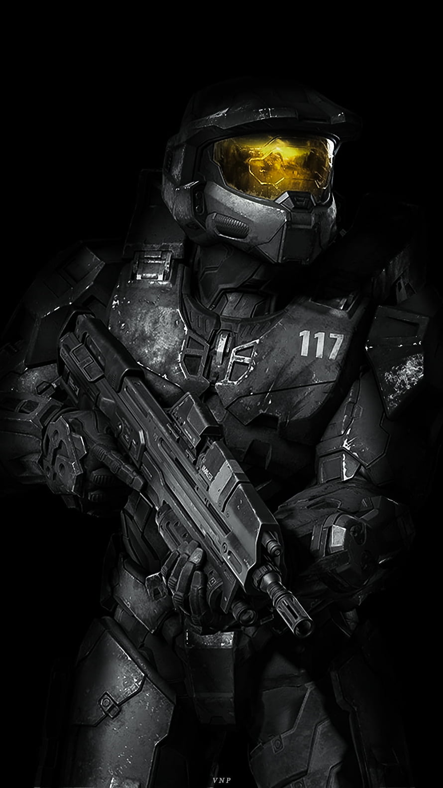 Master Chief in Black Armor Holding Rifle with Golden Visor from Halo Infinite HD phone wallpaper