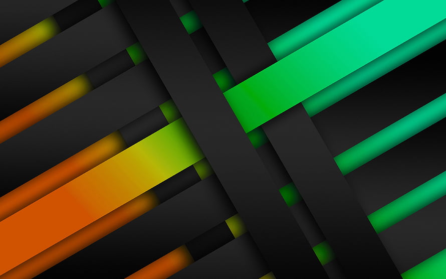 Abstract Geometric Weave with Vibrant Green and Orange Diagonal Strips on Dark Background HD wallpaper