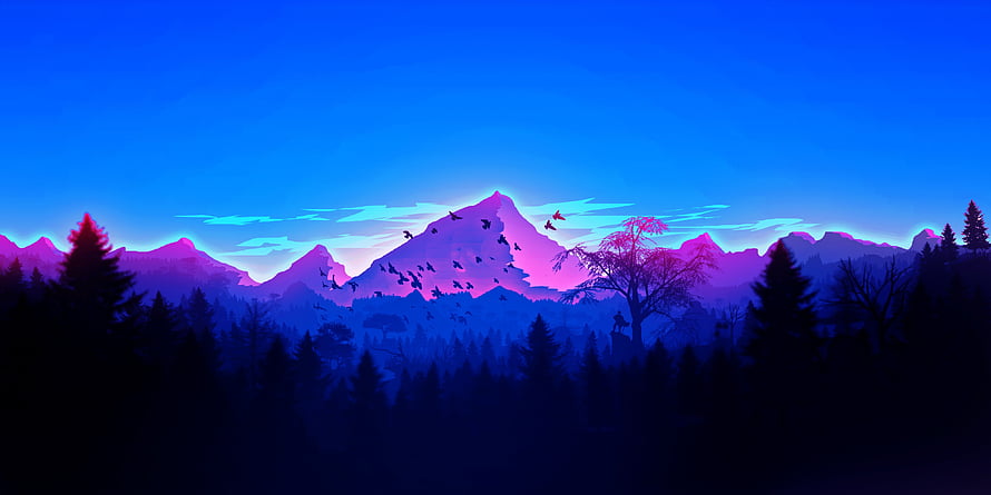 Neon Mountain Peaks at Dusk with Flock of Birds and Silhouetted Forest HD wallpaper