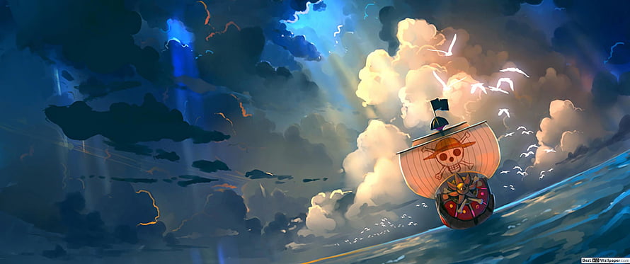 One Piece Thousand Sunny Ship Sailing Through Dramatic Stormy Clouds and Ocean Waves HD wallpaper