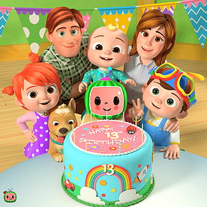 Cocomelon Family Celebrating 13th Birthday with Colorful Cake and Watermelon Mascot HD phone wallpaper