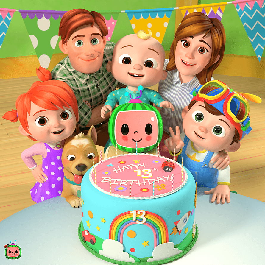 Cocomelon Family Celebrating 13th Birthday with Colorful Cake and Watermelon Mascot HD phone wallpaper