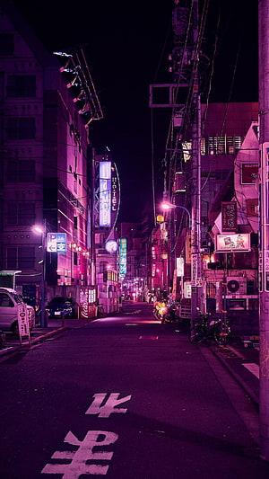 Neon-lit Tokyo alley at night with purple vaporwave glow and glowing signs HD phone wallpaper