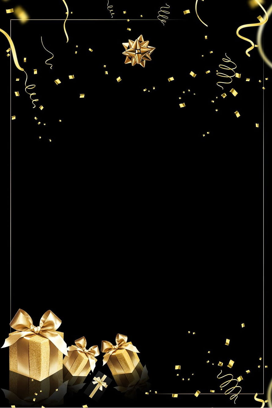Luxurious Black and Gold Holiday Frame with Gift Boxes and Confetti HD phone wallpaper