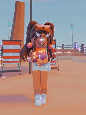 Preppy Roblox Avatar Girl With Pigtails And Sparkles On A Beach Boardwalk HD phone wallpaper