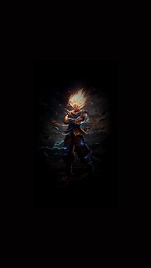 Goku Super Saiyan Dark Anime Illustration with Fiery Aura and Lightning HD phone wallpaper