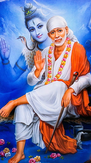 Sai Baba and Lord Shiva Devotional Painting with Flower Garland and Snake HD phone wallpaper