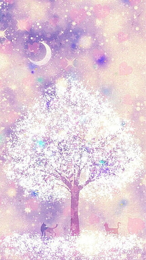 Dreamy Kawaii Cherry Blossom Tree with Silhouette Cats and Crescent Moon HD phone wallpaper