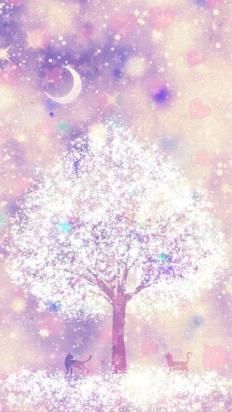 Dreamy Kawaii Cherry Blossom Tree with Silhouette Cats and Crescent Moon HD phone wallpaper